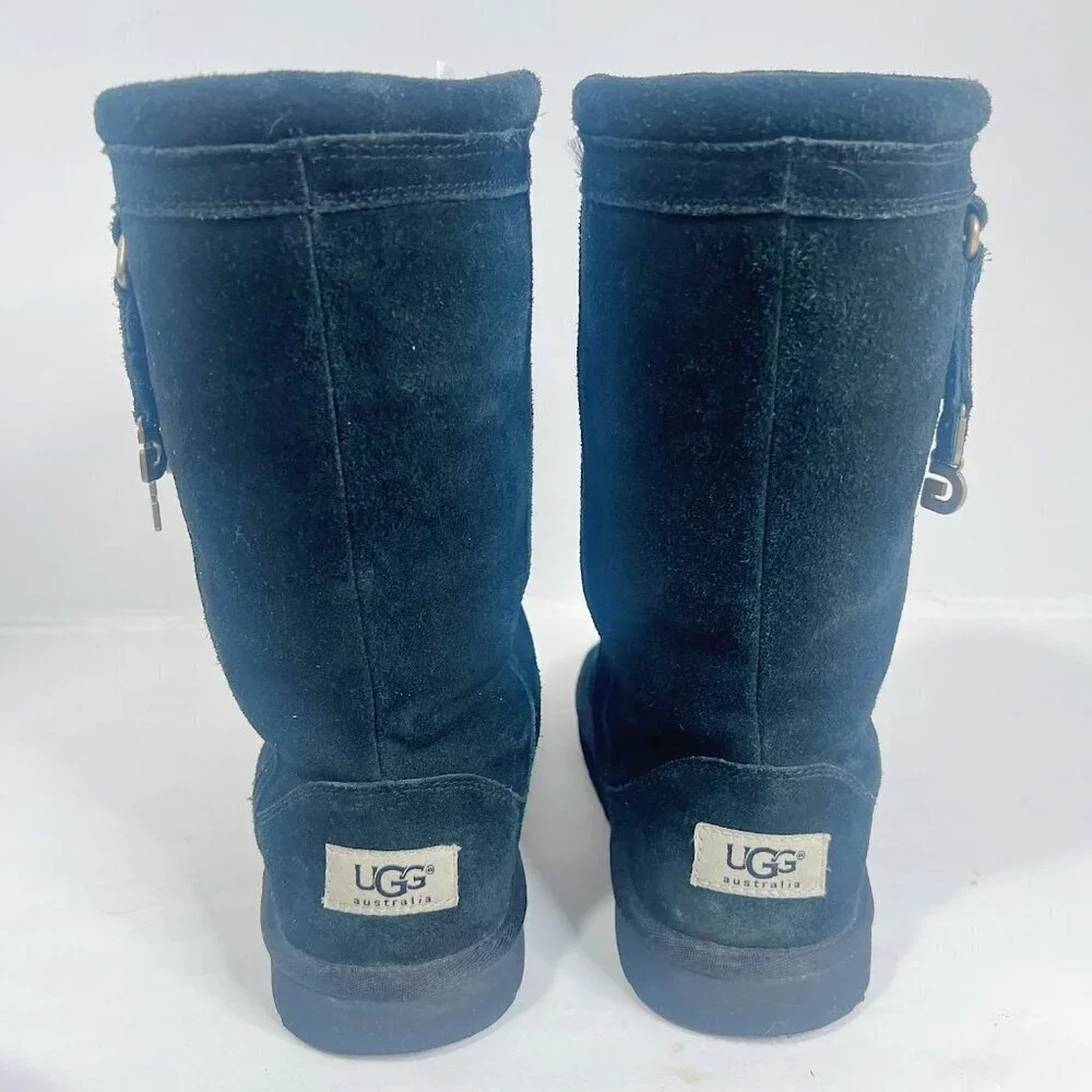 UGG Australia Larynn Black Shearling Boots Gold Rhinestone Charms Kids Size 4